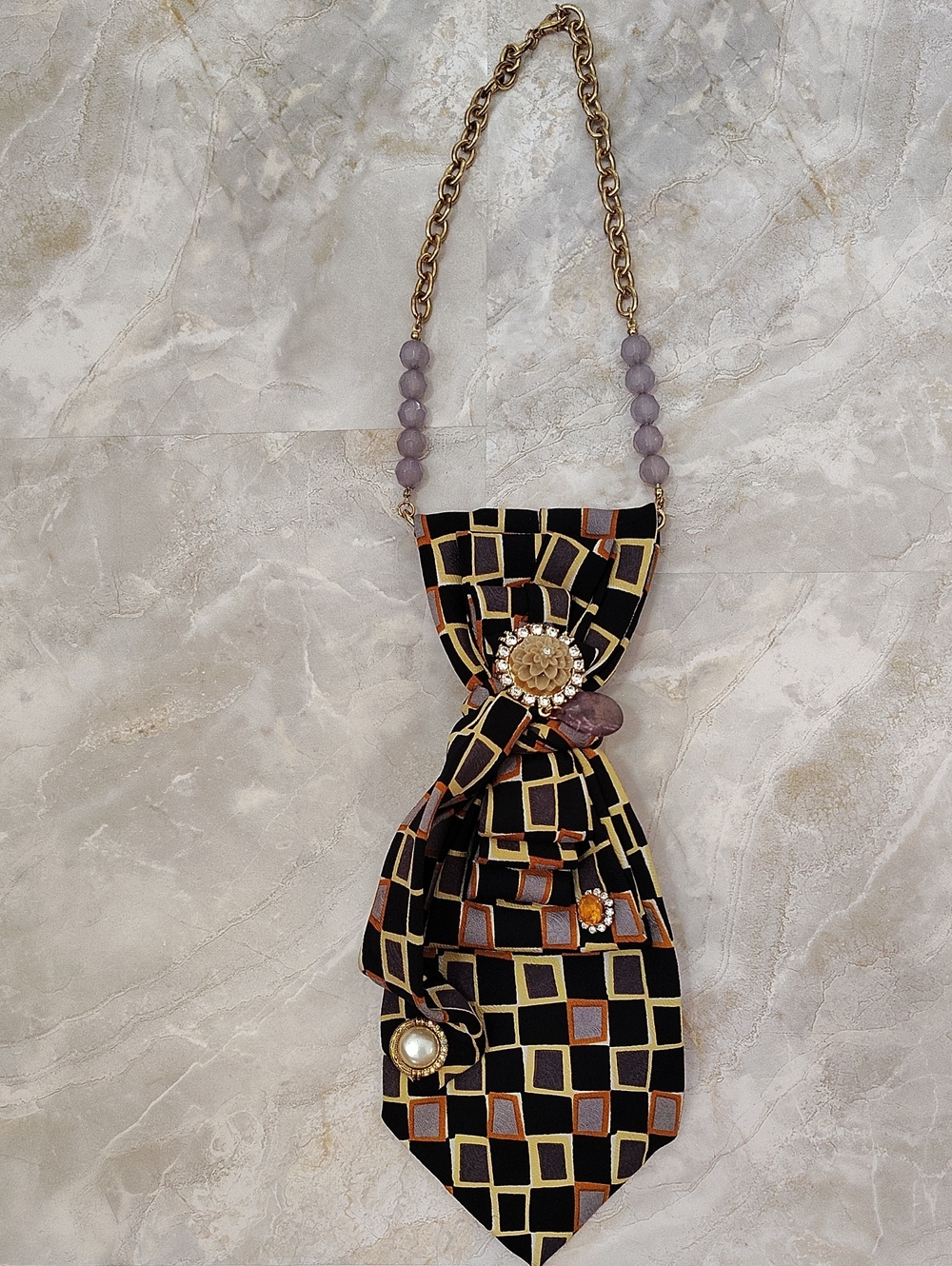 Elegant Black Geometric Silk-Style Necklace with Purple Beads